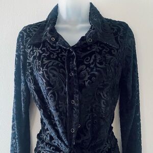 SUPER STRETCHY VINTAGE 90s BLACK PAISLEY SHEER VELVET BURNOUT BLOUSE
